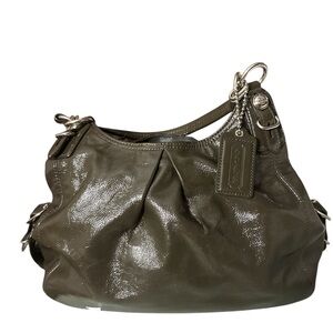 Coach patent Olive gray Leather Shoulder Bag silver accents two tags nice size